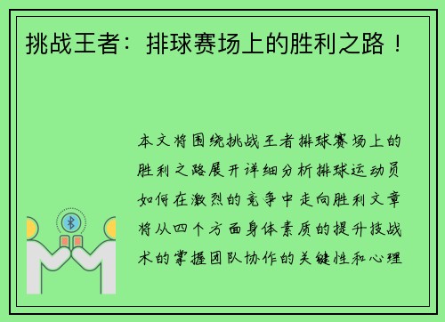 挑战王者：排球赛场上的胜利之路 !